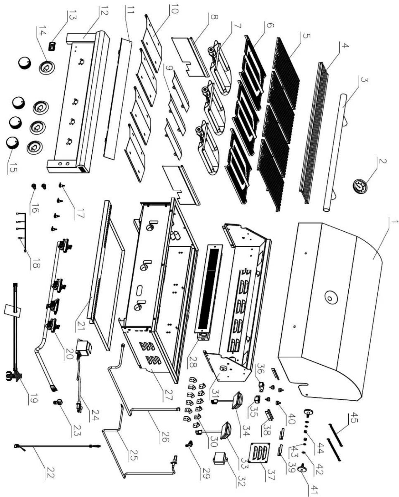 Exploded view diagram of a refrigerator with numbered parts for identification