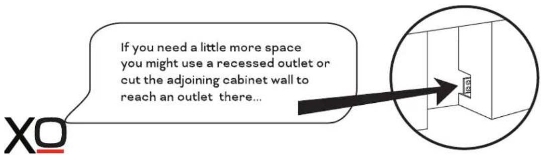 If you need a little more space you might use a recessed outlet or cut the adjoining cabinet wall to reach an outlet there...