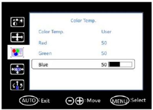 Color Temp. Color Temp. User Red 50 Green 50 Blue 50 AUTO: Exit +: Move MENU: Select