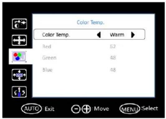 Color Temp. Color Temp. ← Warm ► Red 52 Green 48 Blue 48 AUTO Exit ○+ Move MENU Select