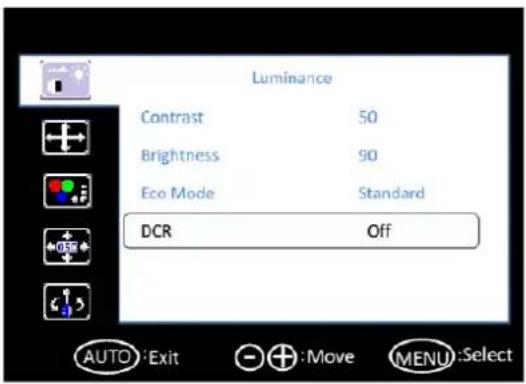 Luminance Contrast 50 Brightness 90 Eco Mode Standard DCR Off AUTO:Exit +:Move MENU:Select