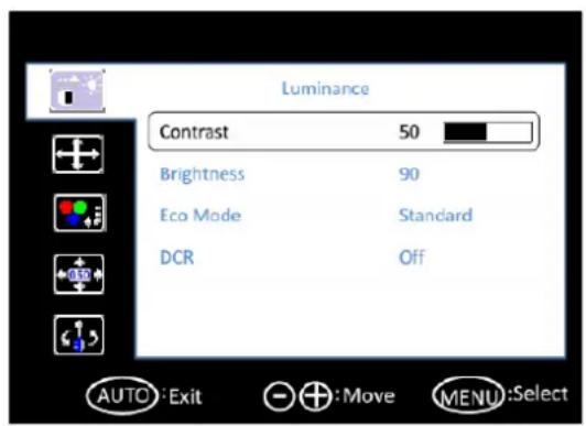 Luminance Contrast 50 Brightness 90 Eco Mode Standard DCR Off AUTO:Exit +:Move MENU:Select