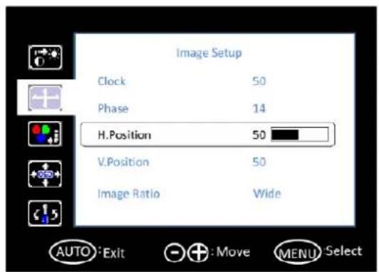 Image Setup Clock 50 Phase 14 H.Position 50 V.Position 50 Image Ratio Wide AUTO :Exit + :Move MENU Select
