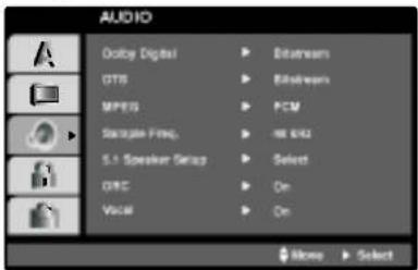 AUDIO Douby Digital ▶ Bitstream OTIS ▶ Bitstream MPES ▶ PCM Sample Freq. ▶ WB4X2 5.1 Speaker Format ▶ Select DRC ▶ On Vocal ▶ On OK Now ▶ Select