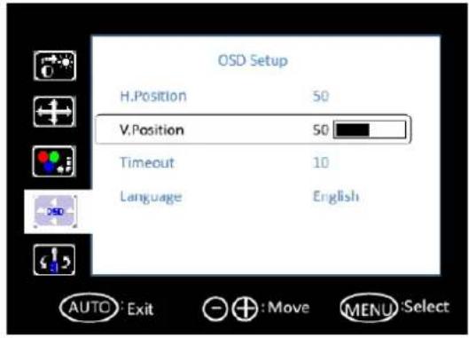 OSD Setup H.Position 50 V.Position 50 Timeout 10 Language English AUTO: Exit + : Move MENU: Select