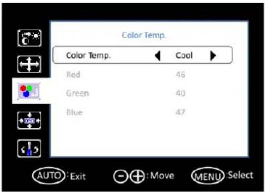 Color Temp. Color Temp. Cool Red 45 Green 40 Blue 47 AUTO: Exit + : Move MENU Select