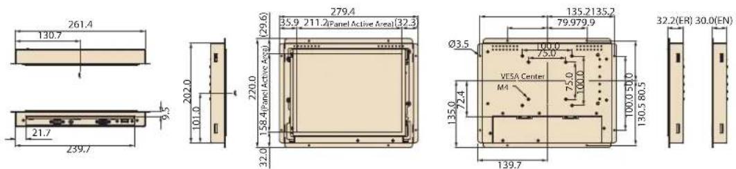 261.4 130.7 21.7 239.7 202.0 101.0 9.5 279.4 35.9 211.2(Panel Active Area)(32.3) 220.0 158.4(Panel Active Area) 32.0 Ø3.5 135.2135.2 79.979.9 100.0 75.0 VESA Center M4 100.0 50.0 130.5 80.5 135.0 72.4 139.7 32.2(ER) 30.0(EN)