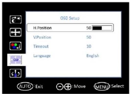 OSD Setup H. Position 50 V. Position 50 Timeout 10 Language English AUTO: Exit Move MENU: Select