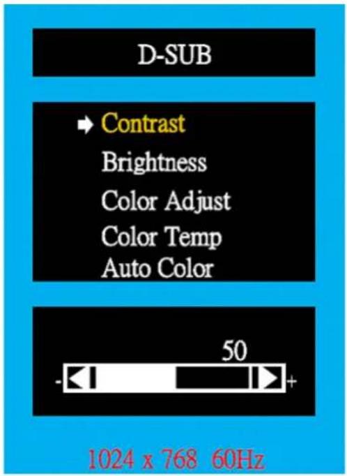 D-SUB → Contrast Brightness Color Adjust Color Temp Auto Color 50 1024 x 768 60Hz