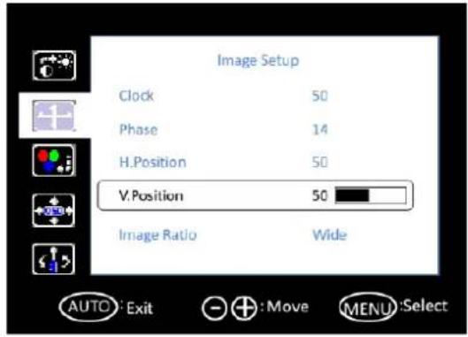 Image Setup Clock 50 Phase 14 H.Position 50 V.Position 50 Image Ratio Wide AUTO: Exit + : Move MENU:Select