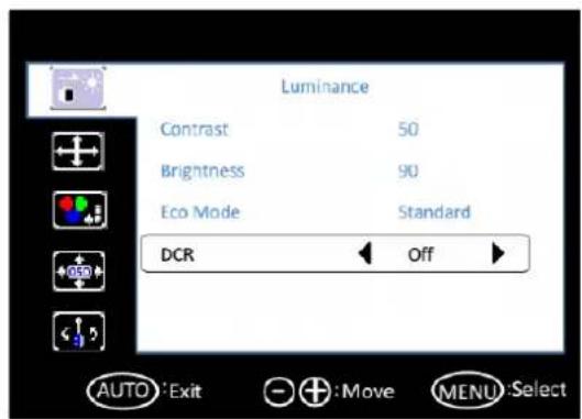 Luminance Contrast 50 Brightness 90 Eco Mode Standard DCR Off AUTO Exit Move MENU Select