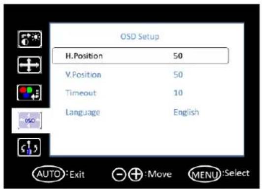 OSD Setup H.Position 50 V.Position 50 Timeout 10 Language English AUTO: Exit Move MENU: Select