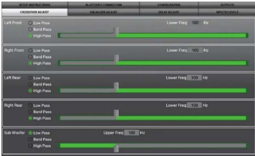SETUP INSTRUCTIONS CROSSOVER ADJUST ELUETOOTH CONNECTION EQUALIZER ADJUST CONFIGURATION DELAY ADJUST OUTPUTS INPUTS/LEVELS Left Front Low Pass Band Pass High Pass Lower Freq: 100 Hz Right Front Low Pass Band Pass High Pass Lower Freq: 100 Hz Left Rear Low Pass Band Pass High Pass Lower Freq: 100 Hz Right Rear Low Pass Band Pass High Pass Lower Freq: 100 Hz Sub Woofer Low Pass Band Pass High Pass Upper Freq: 100 Hz