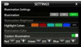 SETTINGS Illumination Settings Illumination Illumination Brightness Highlight Colors Illumination Color Custom Illumination Red 255 Green 255 Blue 255 +