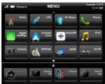 iPhone X MENU Outside 110°F 11:11 AM Radio USB BT Music Phone Apple CarPlay Android Auto SonusXM iPod Camera Settings HDMI AY IN Display iOS Climate Mn-Do info