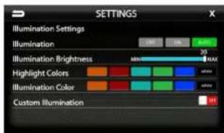 SETTINGS Illumination Settings Illumination Illumination Brightness 20 MAX Highlight Colors a=0.01 Illumination Color a=0.01 Custom Illumination