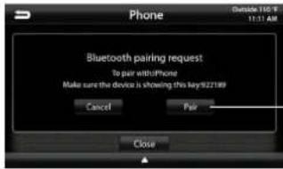 Phone Outside 110 P 11:11 AM Bluetooth pairing request To pair with Phone Make sure the device is showing this key922189 Cancel Pair Close