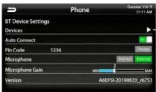 Phone Outside 110 V 11:11 AM BT Device Settings Devices Auto Connect Pin Code 1234 Microphone Microphone Gain Version AEF5I-20190820_6753