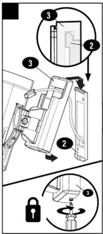 Technical diagram illustrating mechanical assembly steps with numbered components and a lock mechanism