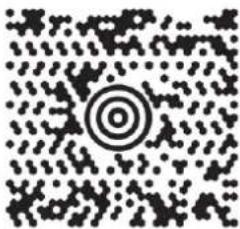 Abstract black-and-white pattern with concentric circles and scattered dots (no text or symbols)