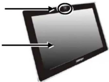 Illustration of a tablet device with a circular button and directional arrows pointing to its screen (no text or symbols)