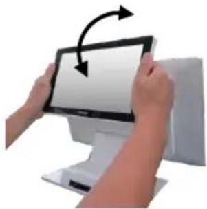 Person holding a tablet with a curved arrow indicating rotation (no text or symbols visible)