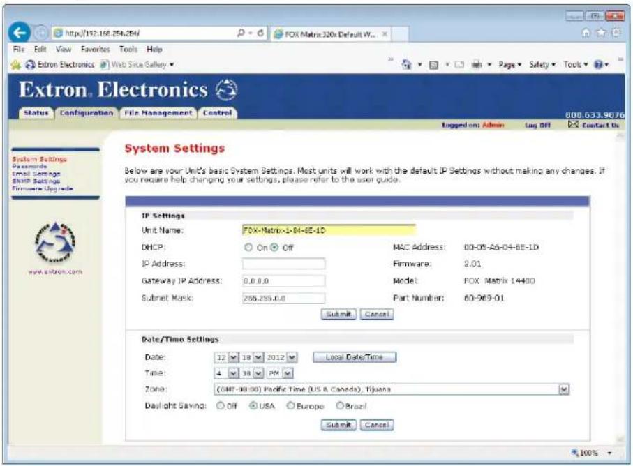 Extron FOX Matrix 320x - System Settings Page - 1