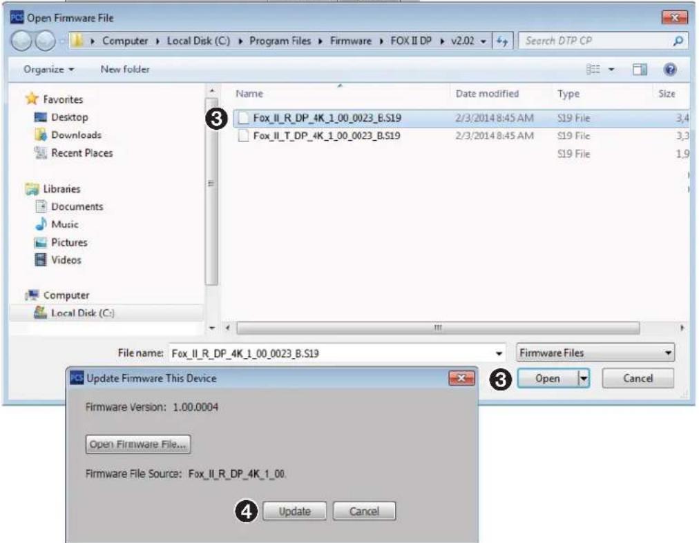 Open Firmware File Computer > Local Disk (C) > Program Files > Firmware > FOX II DP > v2.02 > Search DTP CP Organize > New folder Favorites Desktop Downloads Recent Places Libraries Documents Music Pictures Videos Computer Local Disk (C:) Name Date modified Type Size Fox_II_R_DP_4K_1.00_0023_B.S19 2/3/2014 8:45 AM S19 File 3,4 Fox_II_T_DP_4K_1.00_0023_B.S19 2/3/2014 8:45 AM S19 File 3,3 S19 File 1,9 File name: Fox_II_R_DP_4K_1.00_0023_B.S19 Firmware Files Update Firmware This Device Firmware Version: 1.00.0004 Open Firmware File... Firmware File Source: Fox_II_R_DP_4K_1.00. Update Cancel