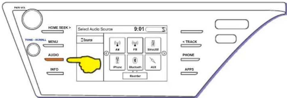 PKIR-VOL HOME SEEK > TUNE - SCROLL MENU AUDIO INFO Select Audio Source 9:01 Source AM FM SiriusXM iPhone Bluetooth AUX Reorder < TRACK PHONE APPS