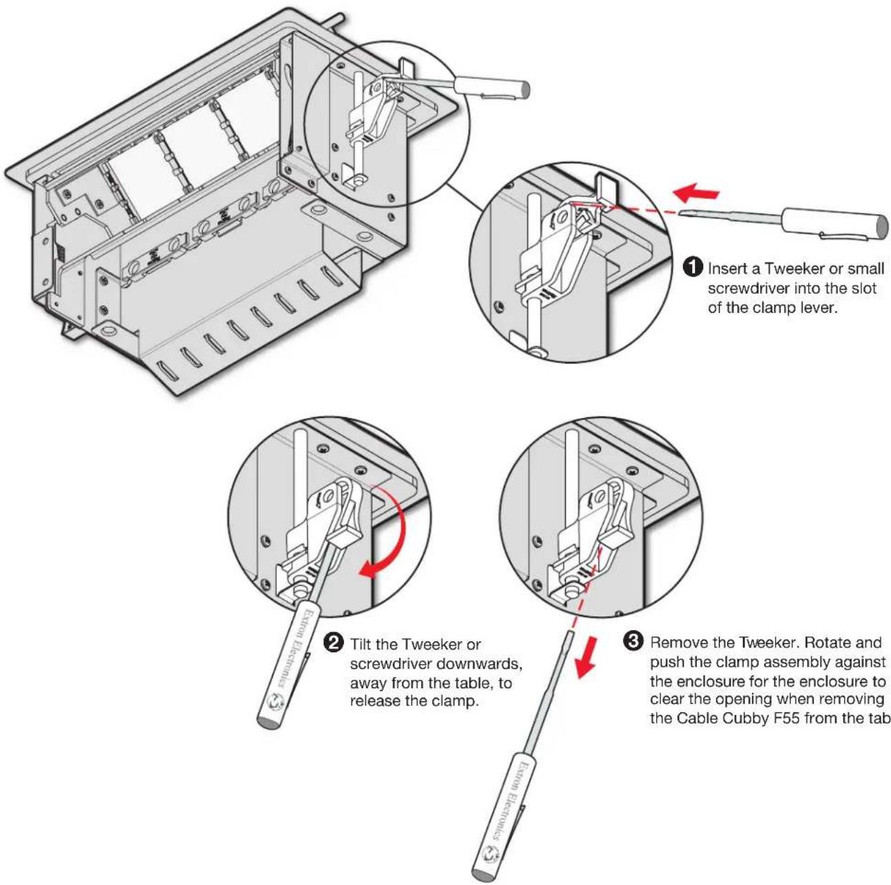 Insert a Tweeker or small screwdriver into the slot of the clamp lever. Tilt the Tweeker or screwdriver downwards, away from the table, to release the clamp. Remove the Tweeker. Rotate and push the clamp assembly against the enclosure for the enclosure to clear the opening when removing the Cable Cubby F55 from the tab