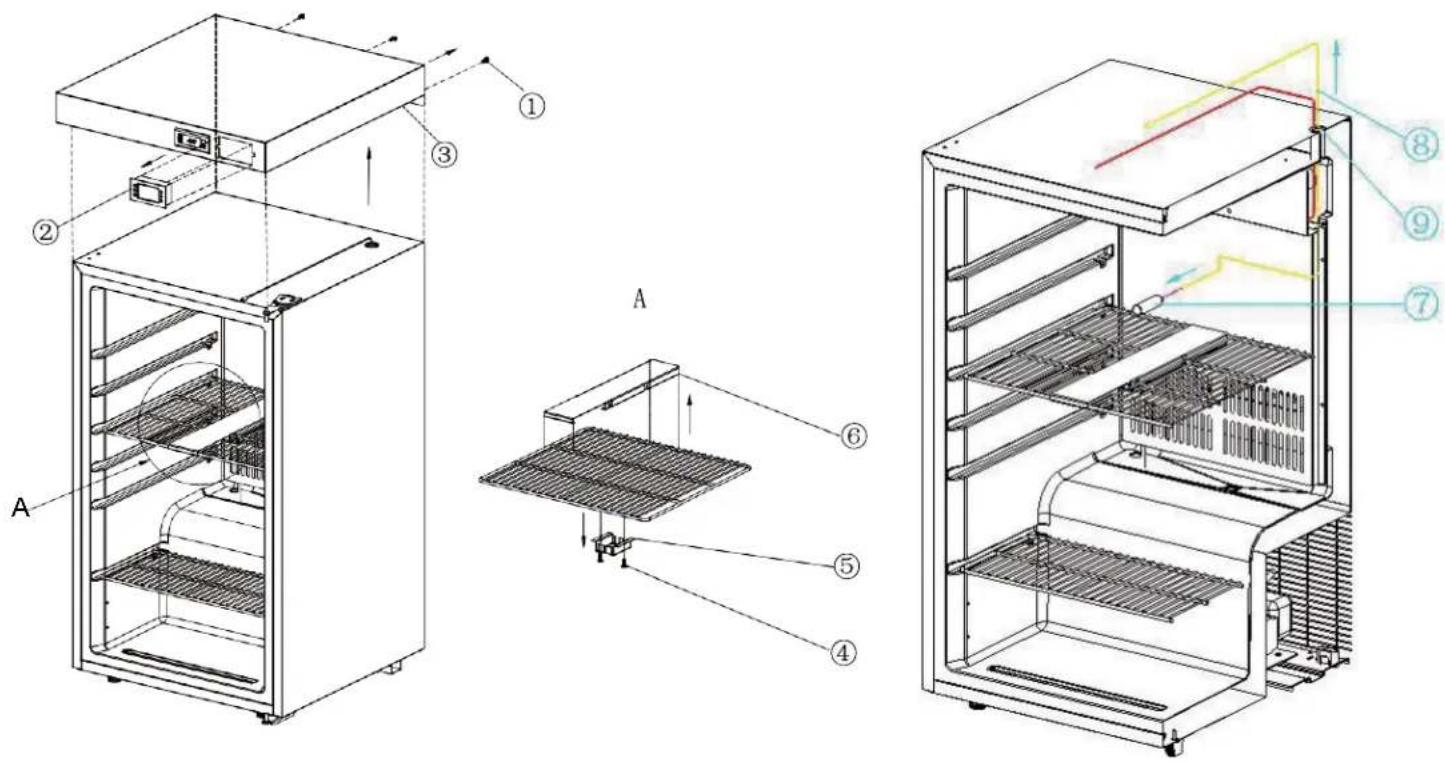Technical diagram of a refrigerator with labeled components and airflow paths, showing internal structure and assembly details.