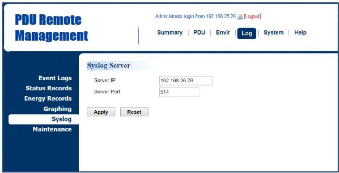 PDU Remote Management Administrator login from 192.168.25.28 [Logout] Summary | PDU | Envir | Log | System | Help Event Logs Status Records Energy Records Graphing Syslog Maintenance Syslog Server Server IP 192 168 26.76 Server Port 514 Apply Reset