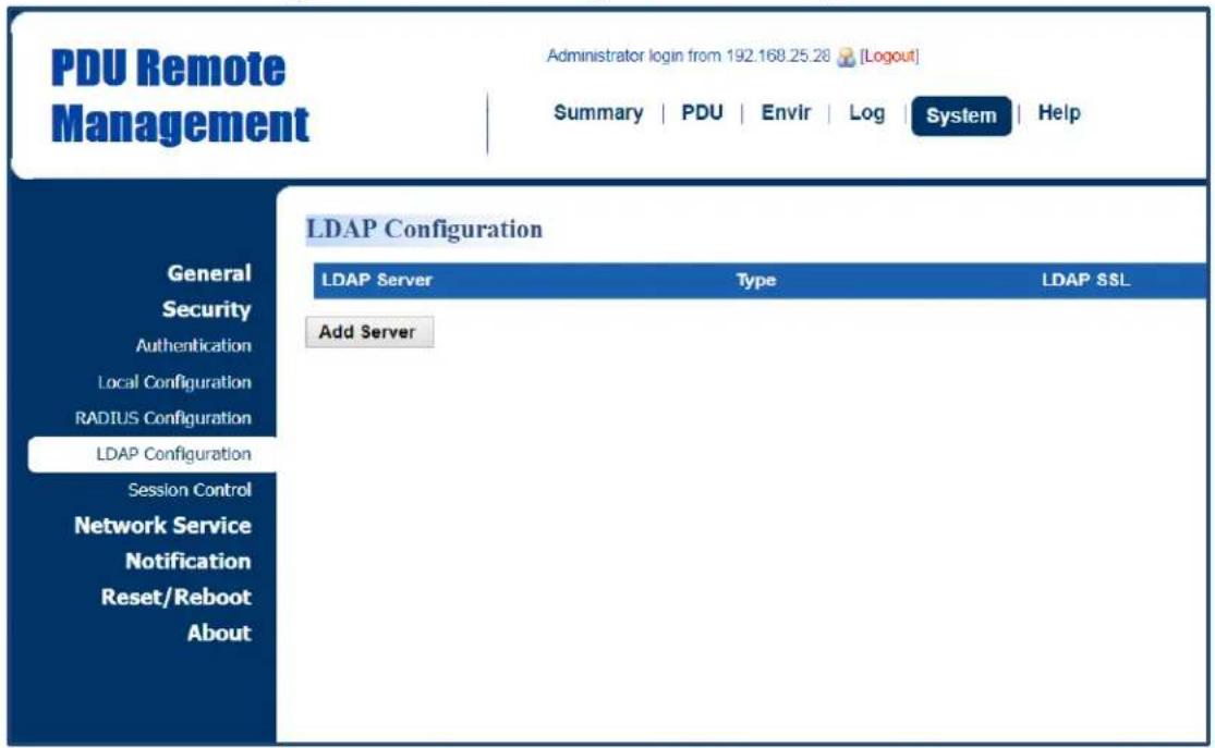 PDU Remote Management Administrator login from 192.168.25.28 [Logout] Summary | PDU | Envir | Log | System | Help General Security Authentication Local Configuration RADIUS Configuration LDAP Configuration Session Control Network Service Notification Reset/Reboot About LDAP Configuration LDAP Server Type LDAP SSL Add Server