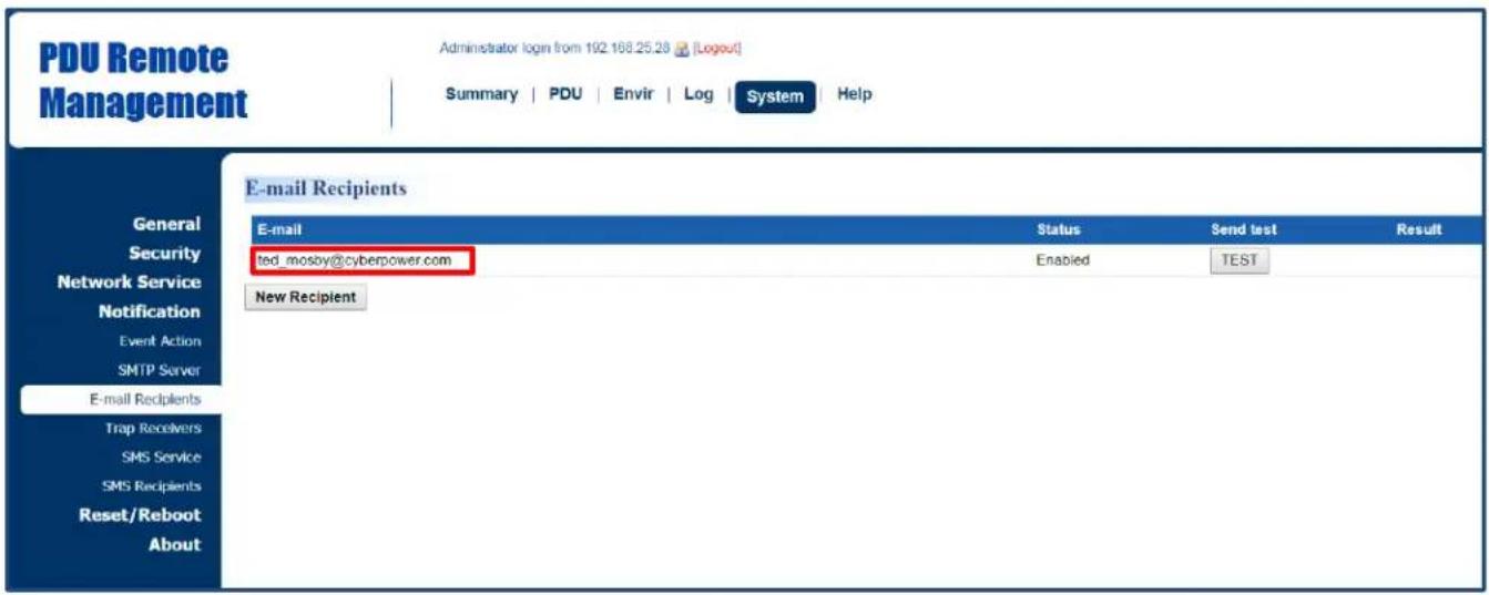 PDU Remote Management Administrator login from 192.168.25.28 [Logout] Summary | PDU | Envir | Log | System Help E-mail Recipients E-mail Status Send test Result ted_mosby@cyberpower.com Enabled TEST New Recipient