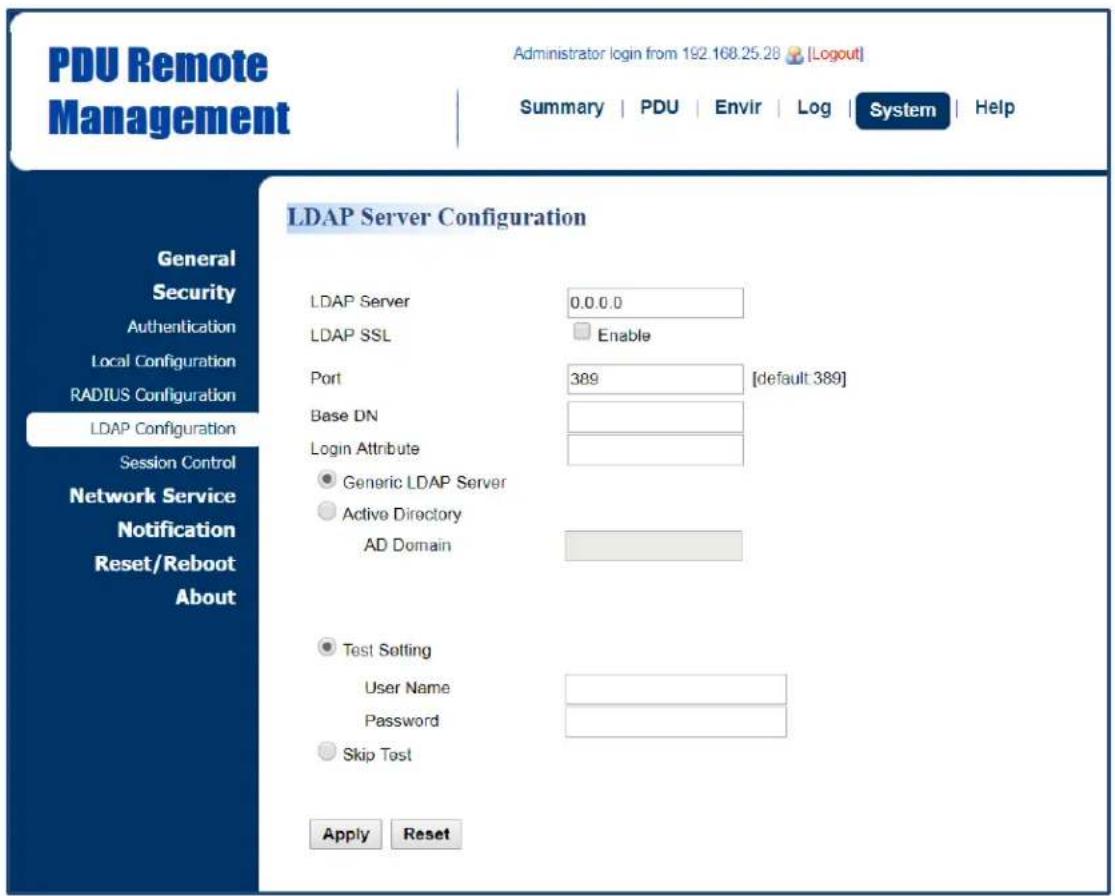 PDU Remote Management Administrator login from 192 168.25.28 [Logout] Summary | PDU | Envir | Log | System | Help General Security Authentication Local Configuration RADIUS Configuration LDAP Configuration Session Control Network Service Notification Reset/Reboot About LDAP Server Configuration LDAP Server 0.0.0.0 LDAP SSL Enable Port 389 [default 389] Base DN Login Attribute ● Generic LDAP Server ● Active Directory AD Domain ● Test Setting User Name Password ○ Skip Test Apply Reset