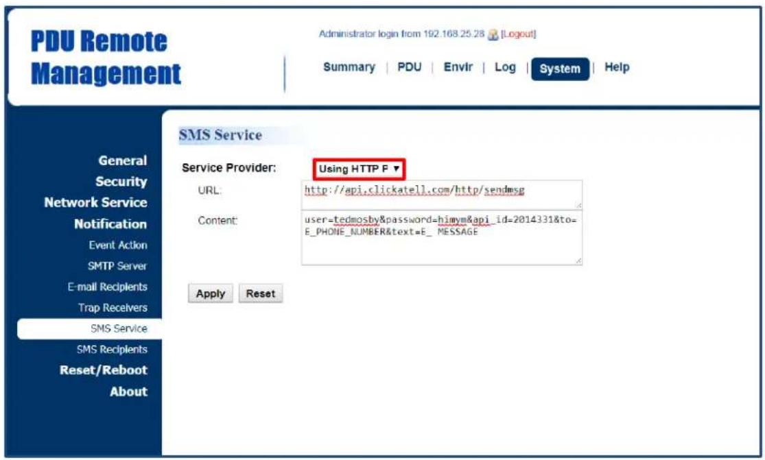 PDU Remote Management Administrator login from 192.168.25.28 [Logout] Summary | PDU | Envir | Log | System | Help SMS Service Service Provider: Using HTTP F ▼ URL: http://api.clickatell.com/http/sendmsg Content: user=tedmosby&password=himym&api_id=2014331&to= E_PHONE_NUMBER&text=E_MESSAGE Apply Reset