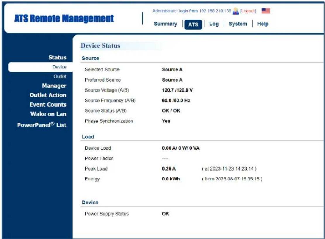 CyberPower PDU31406 - ATS Tab > Status > Device - 1