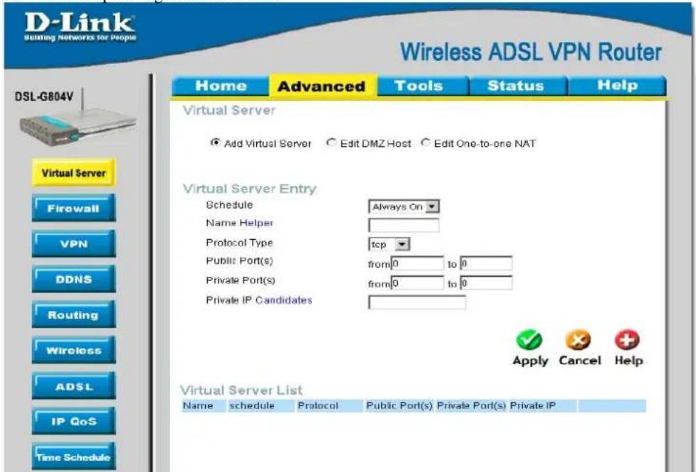 D-LINK DSL-G804V - Add Virtual Server - 1