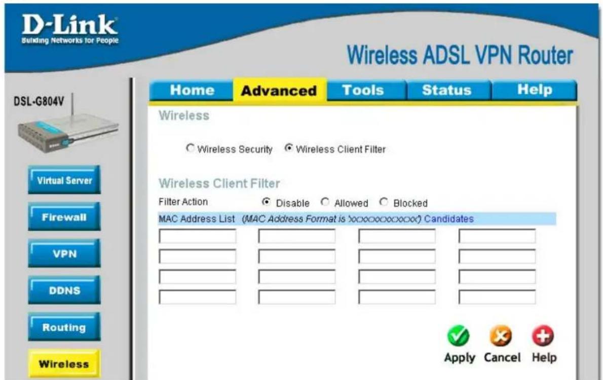 D-LINK DSL-G804V - Wireless Client (MAC) Filter - 1