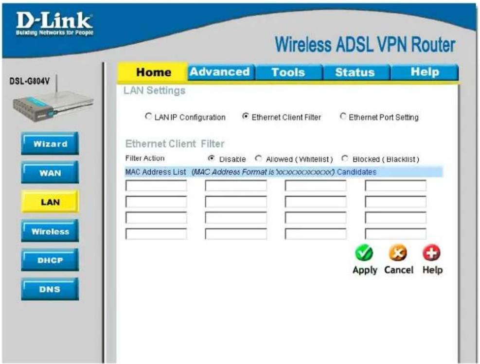D-LINK DSL-G804V - LAN Settings – Ethernet Client Filter - 1