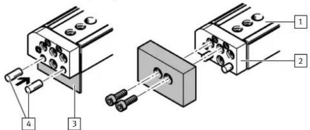 Technical diagram showing two mechanical assembly steps with labeled components and directional arrows indicating movement or force.