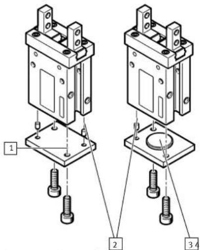 Technical diagram showing two mechanical assembly setups with numbered components and bolted connections