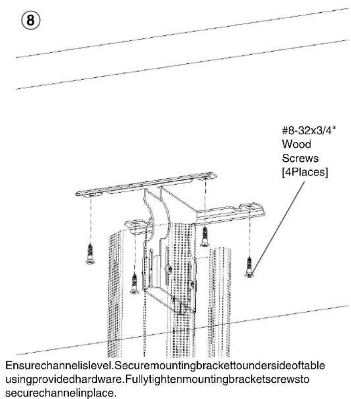 #8-32x3/4" Wood Screws [4Places] Ensurechannelislevel.Securemountingbrackettoundersideoftable usingprovidedhardware.Fullytightenmountingbracketscrewsto securechannelinplace.