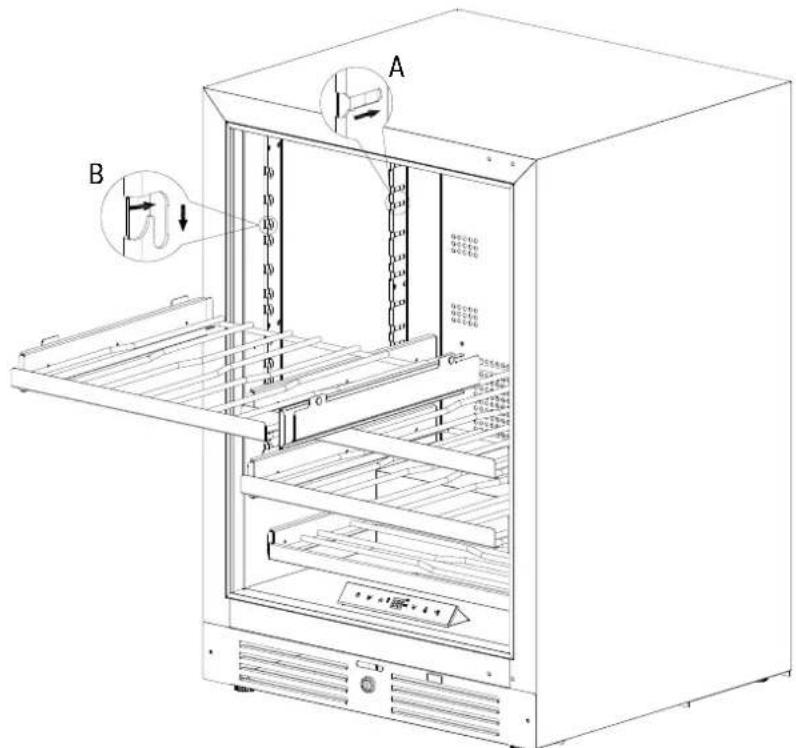 Technical diagram of a refrigerator with labeled parts A and B, showing internal structure and component layout.