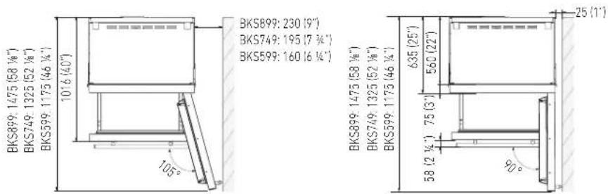 BKS899: 1475 (58 1/8") BKS749: 1325 (52 1/8") BKS599: 1175 (46 1/4") 1016 (40°) BKS899: 230 (9") BKS749: 195 (7 3/4") BKS599: 160 (6 1/4") 105° BKS899: 1475 (58 1/8") BKS749: 1325 (52 1/8") BKS599: 1175 (46 1/4) 635 (25°) 560 (22°) 75 (3°) 58 (2 1/4) 90° 25 (1°)