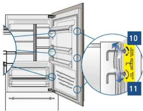 Technical diagram of a refrigerator with labeled parts and component annotations