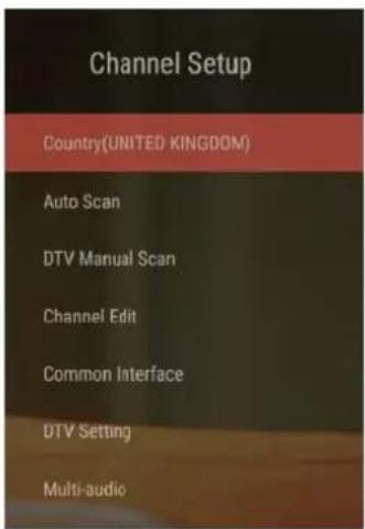 Channel Setup Country(UNITED KINGDOM) Auto Scan DTV Manual Scan Channel Edit Common Interface DTV Setting Multi-audio