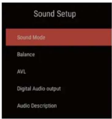 Sound Setup Sound Mode Balance AVL Digital Audio output Audio Description
