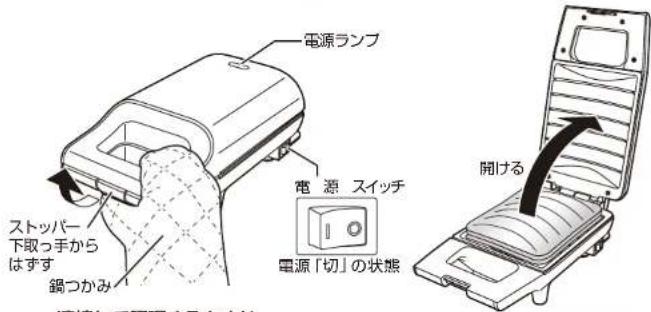 電源ランプ 電源 スイッチ 電源「切」の状態 ストッパー 下取っ手から はずす 鍋つかみ 開ける