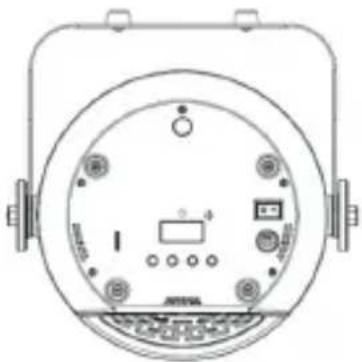 Top-down schematic of a circular electronic device with labeled ports and components (no text or symbols)